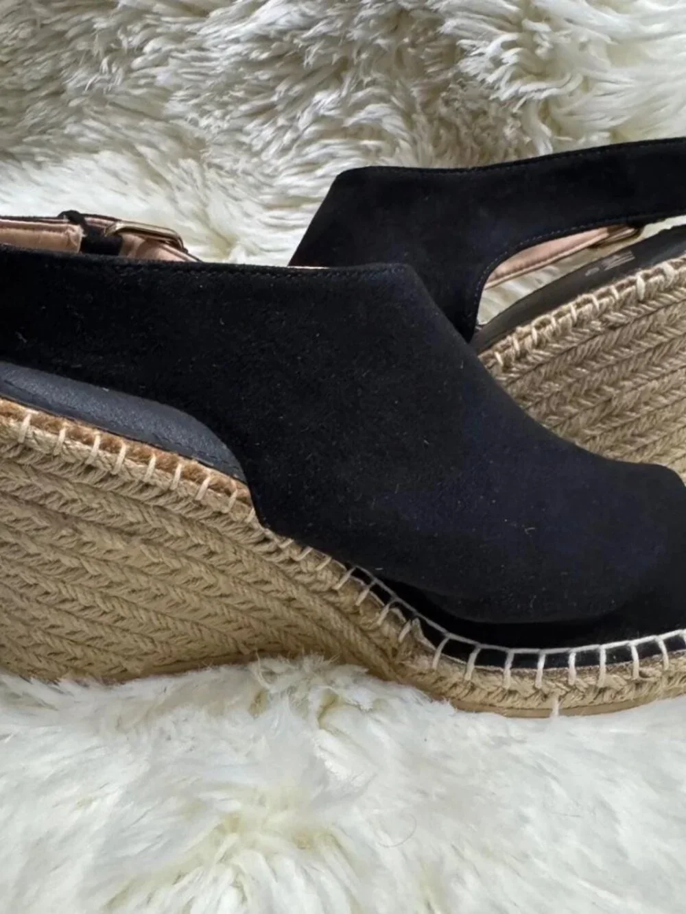 H&M Divided Black Faux Suede Wedge Sandals Gold Buckle Strappy